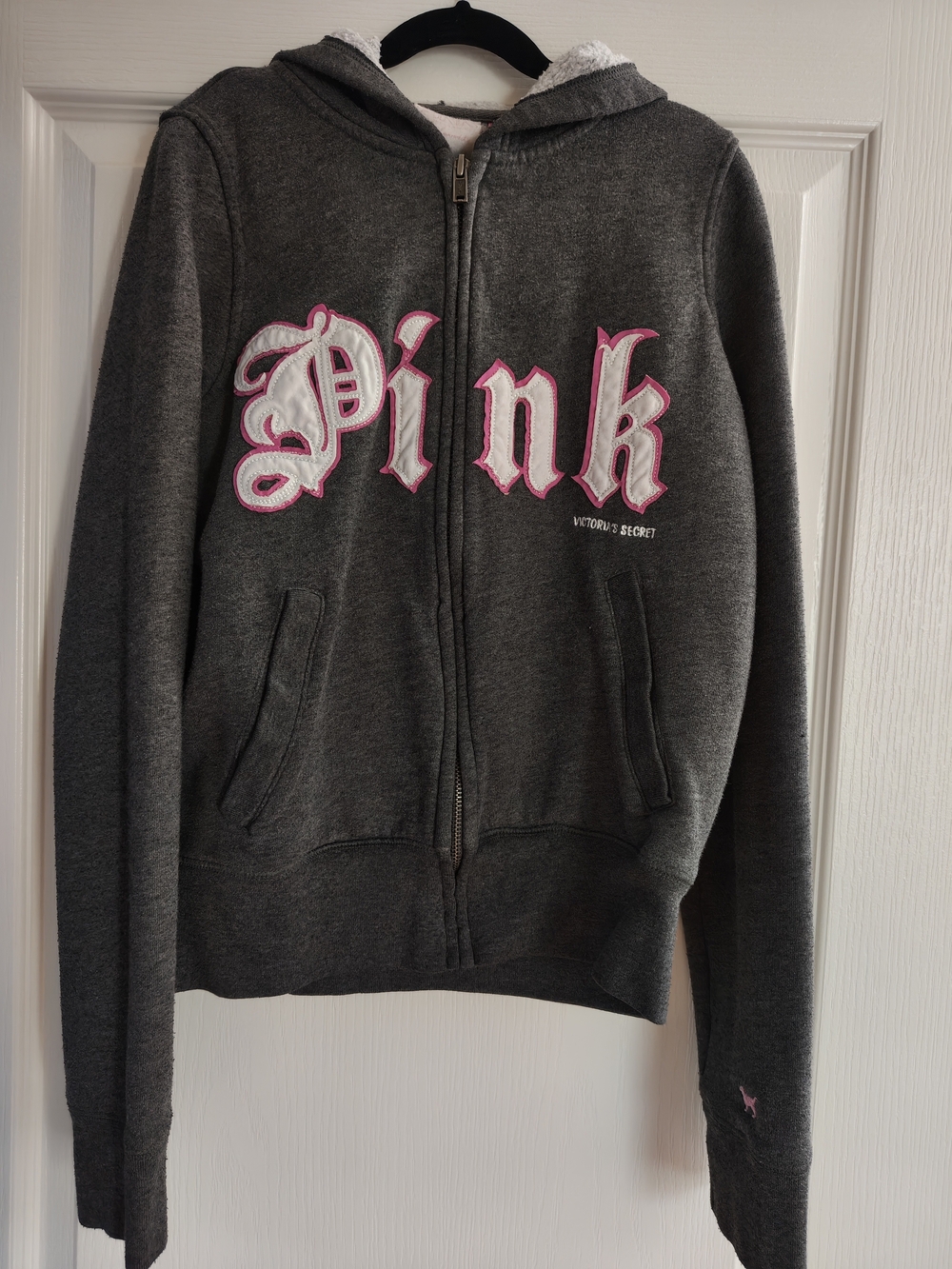 Y2K PINK Victoria's Secret Dark Gray Zip Hoodie with Pink White Logo
